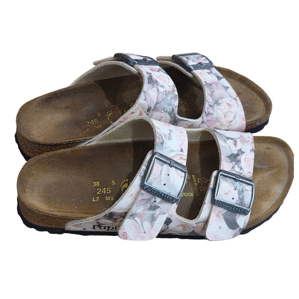 Papillio Birkenstock Arizona Floral Rose Pink Sandals Size 38 L7 M5 Leather Eco